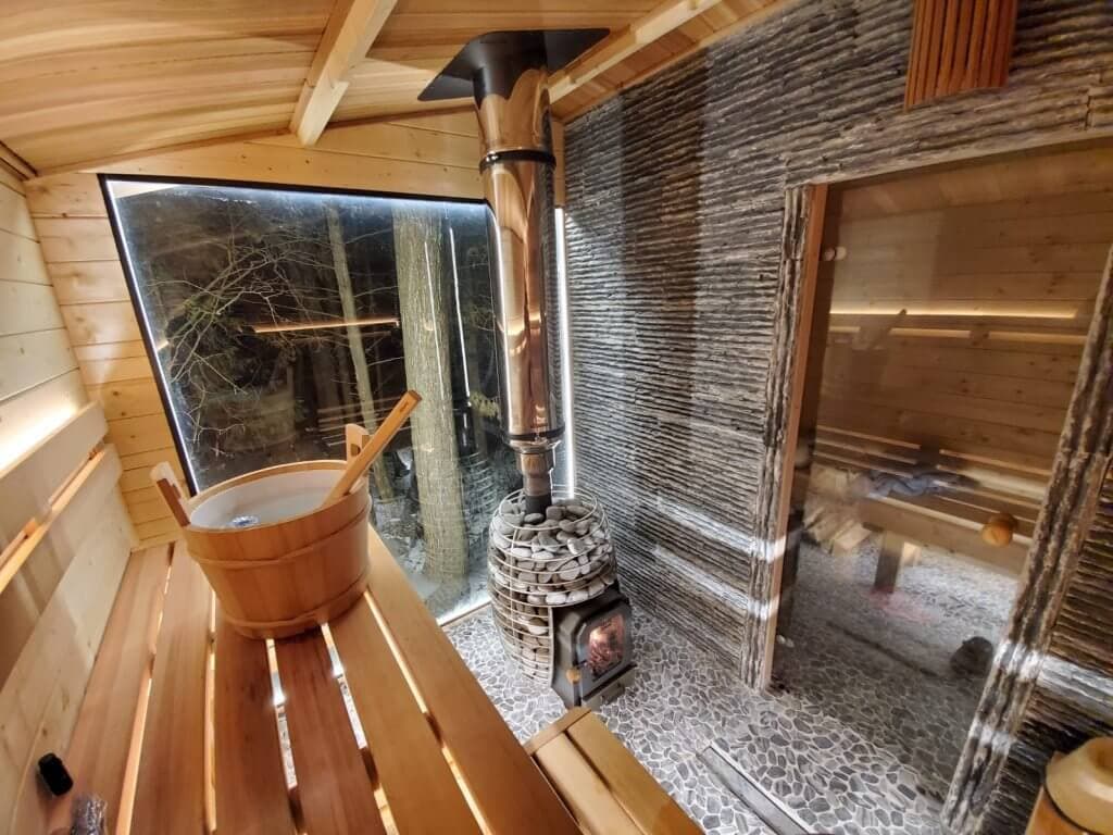 Home sauna room with relaxation area