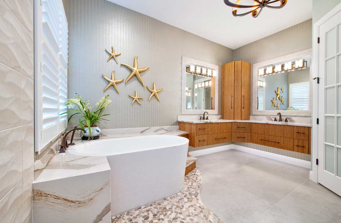 Modern tub with subway tile and black fixtures