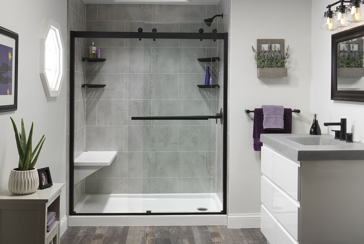 Spacious walk-in shower with bench seating