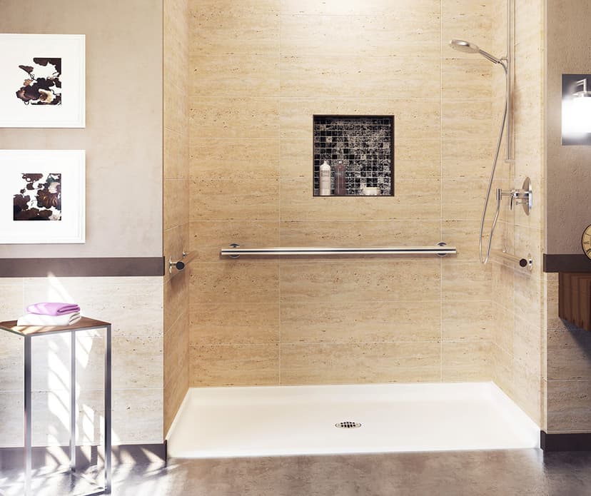 Accessible shower with grab bars, built-in seating, and zero-threshold entry